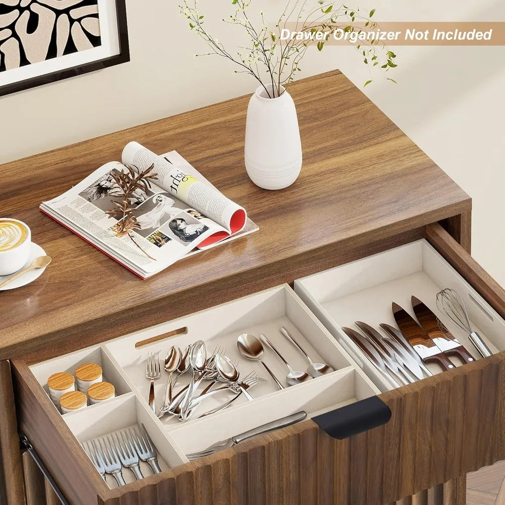 Fluted Buffet Cabinet with Storage, Modern Storage Cabinet with Doors, Large Wood Buffet Sideboards for Kitchen Living Room