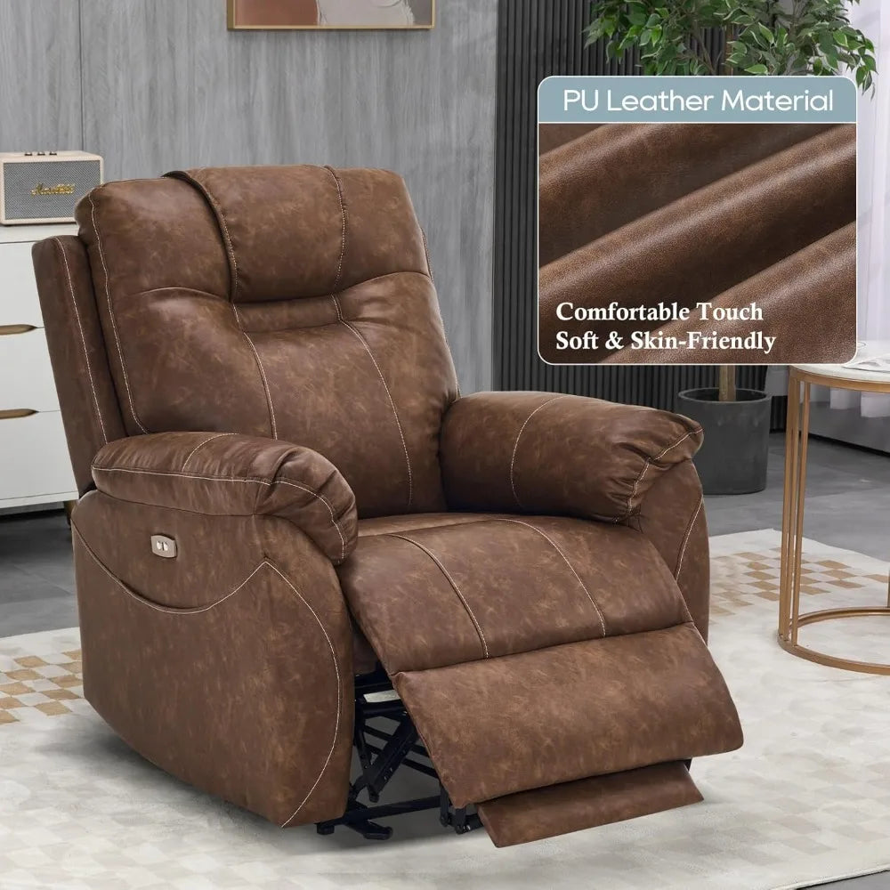 Power Recliner Chair, Wall Hugger Recliner with Massage and Heat, PU Leather Recliner Chair with 2 Side Pockets & USB Ports for