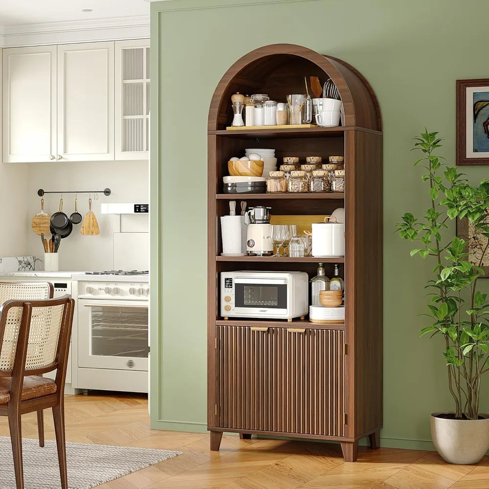 6-Tier Tall Arched Wooden Bookcase with Fluted Doors and Adjustable Shelves for Storage and Display