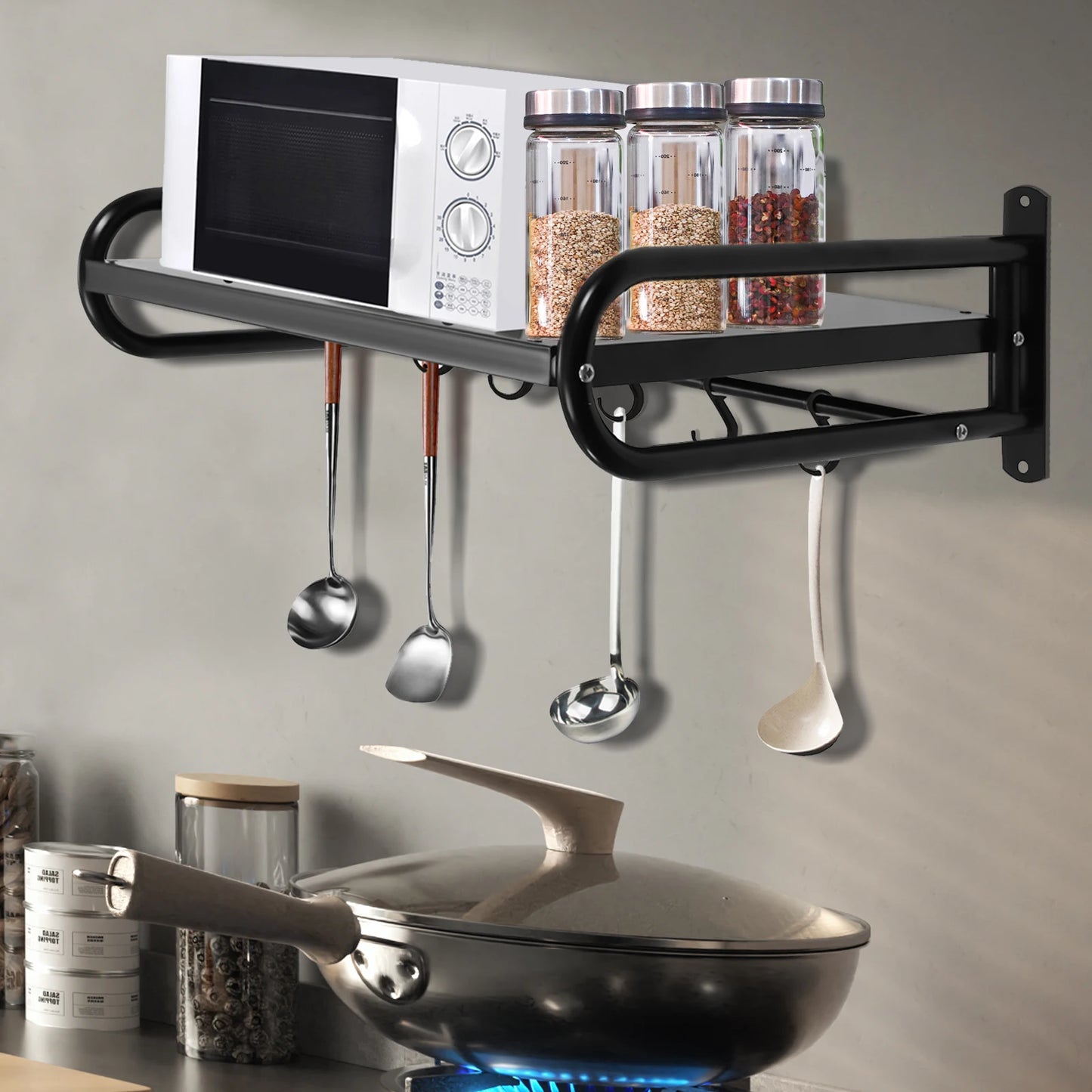 Wall-Mounted Microwave Oven Rack, Durable Carbon Steel, Large Size Shelf for Kitchen Organization, Easy Installation with
