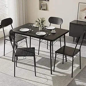 Dining Table Set for 4, 5-Piece Kitchen Table with 4 Chairs, MDF Board Tabletop with Metal Frame for Small Space, Compact Dinet