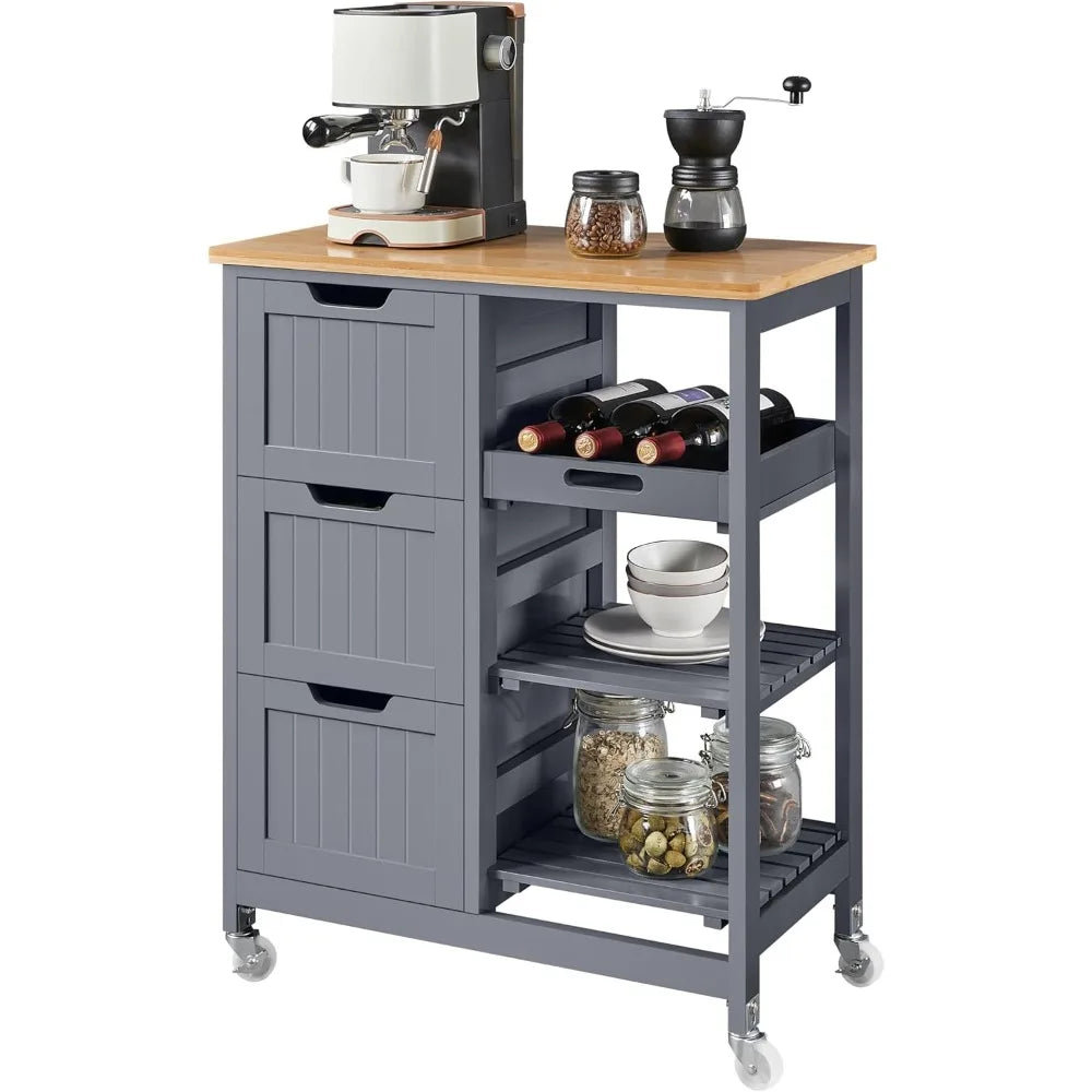 Kitchen Island Cart on Wheels with Storage, Rolling Bar Cart with Solid Wood Top and 3 Drawers, 3 Removable Shelves