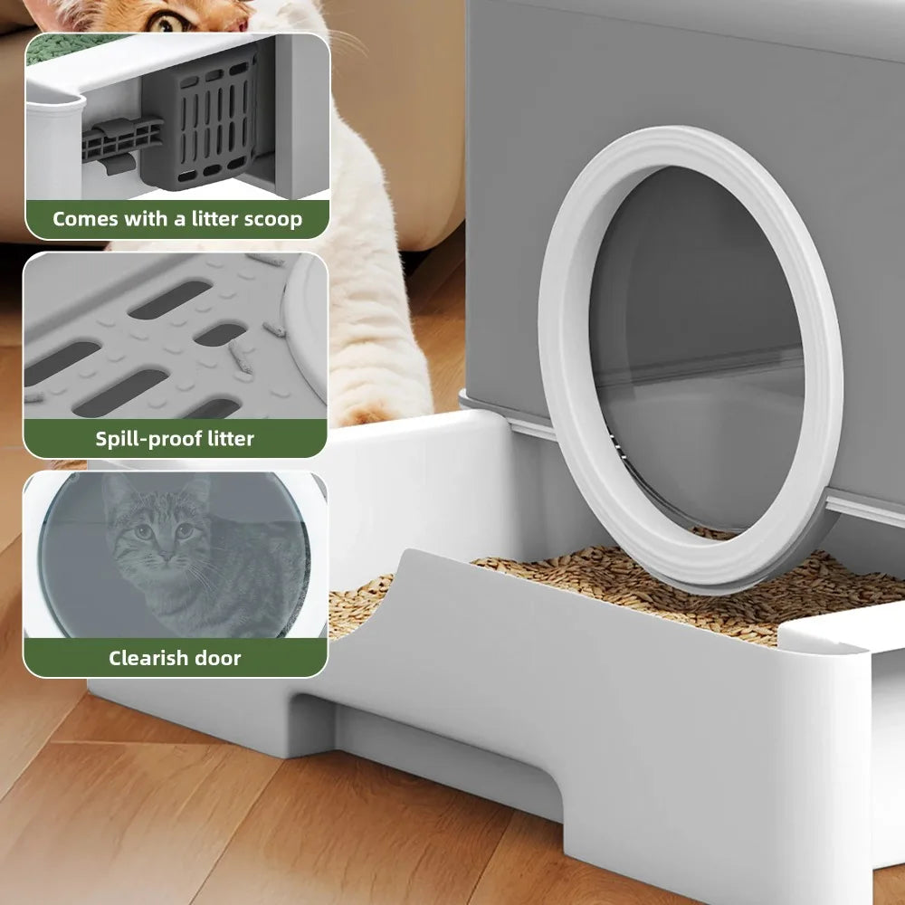 Large Enclosed Cat Litter Box with Hood and Slide-Out Drawer, Easy Clean Gray Furniture Style Cabinet for Odor Control