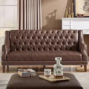 Mid Century Modern 74.5" Faux Leather Sofa, 3 Seater Tufted Upholstered Couch with High Back & Nailhead Trim, Chesterfield Sofa