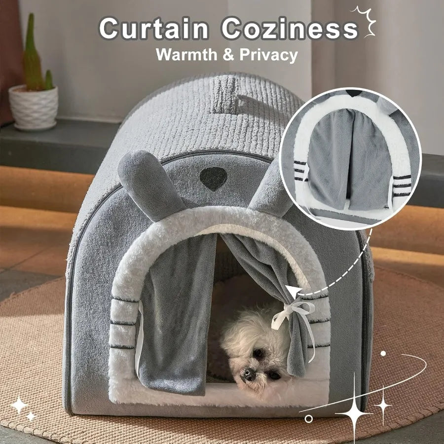 Cat Houses for Indoor Cats Cave Bed with Door Curtain Design Cute Portable Beds with Reversible Washable Cushion S Size Soft Ki