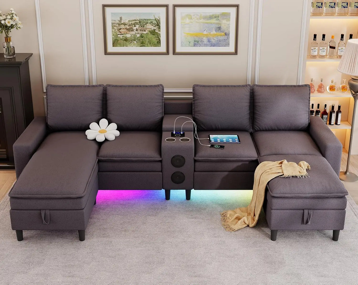 4 Seat Sectional Sofa with Smart Module-Bluetooth Speaker/RGB Light/Charging Station, Teddy Fleece U Shaped Cloud Couch