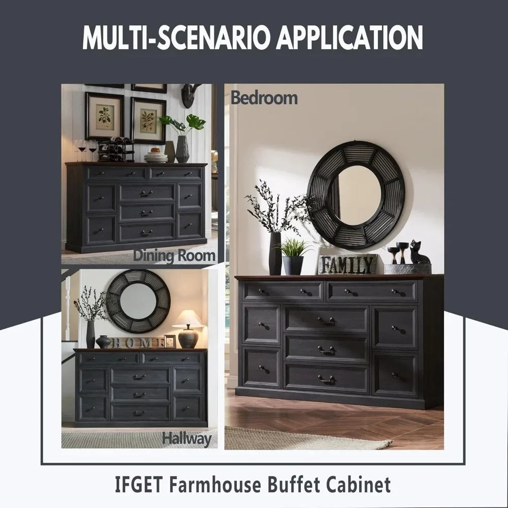 Farmhouse Buffet Cabinet, 60" Storage Cabinet w/9 Drawers, Large Wood Rustic Sideboard Cabinet w/Three Drawer Sizes