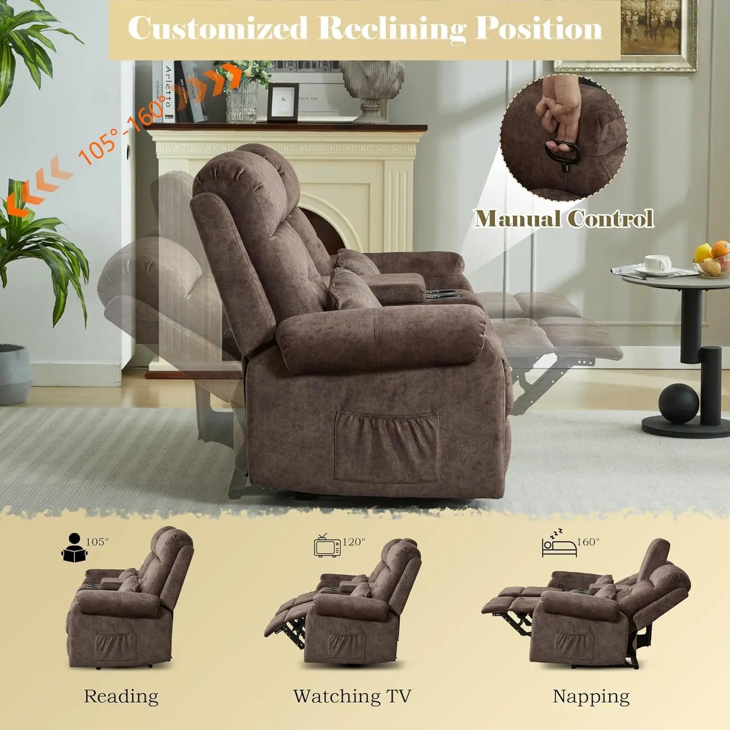 Loveseat Recliner Sofa with Console, Velvet Fabric Double Wall Hugger Reclining Couch Manual Home Movie Seating