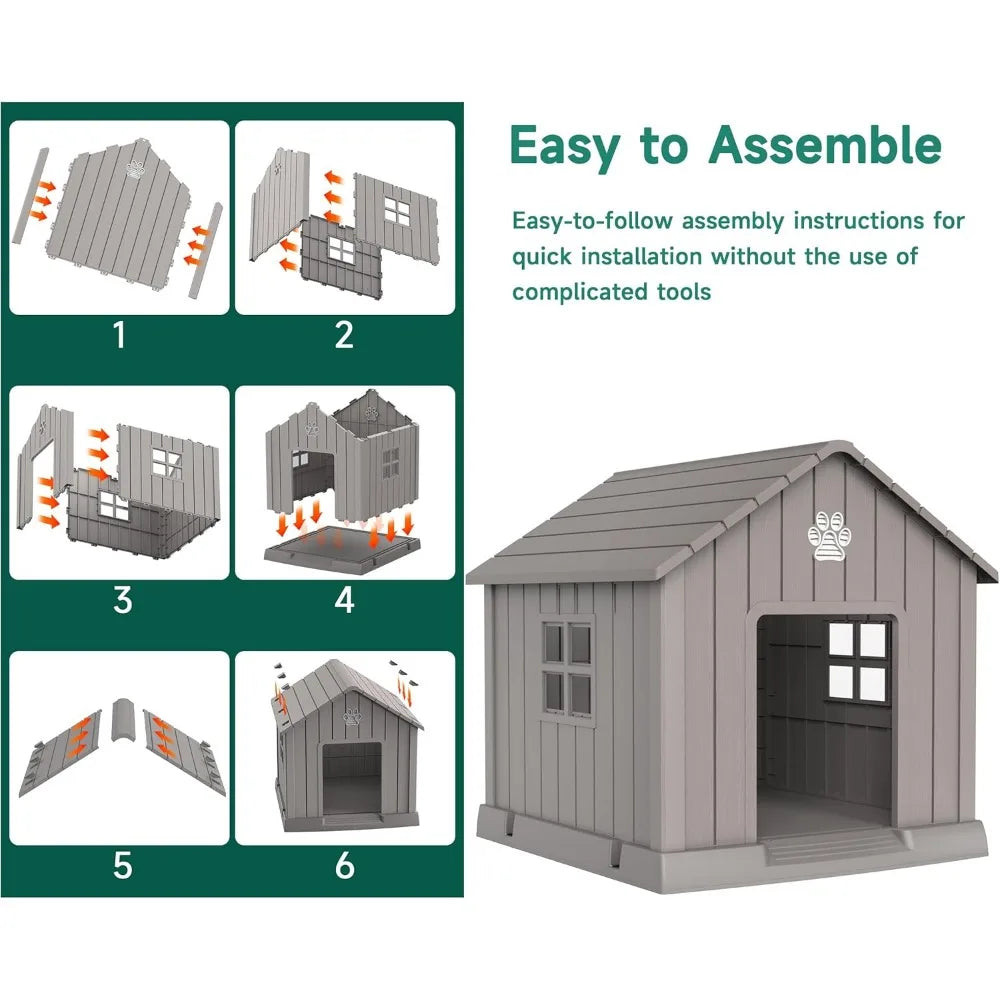 Large Resin Dog House - Indoor & Outdoor Pet Shelter | Water-Resistant, Easy Assembly, Sturdy Dog Kennel with Air Vents & Elevat