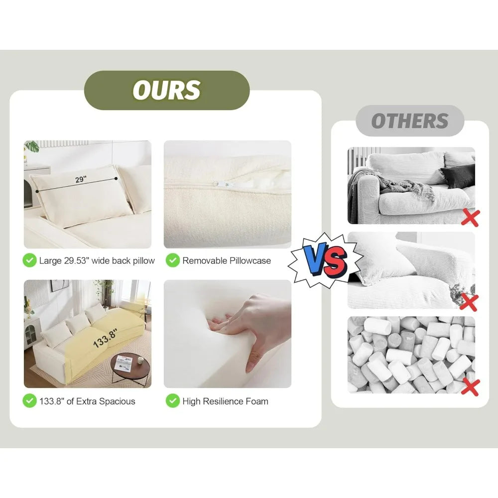 134" Fluffy Boneless Couch, Modular Deep Seat Sectional Sofa, Modern Corduroy Cloud Couch, Right Facing Chaise Sectional Couches