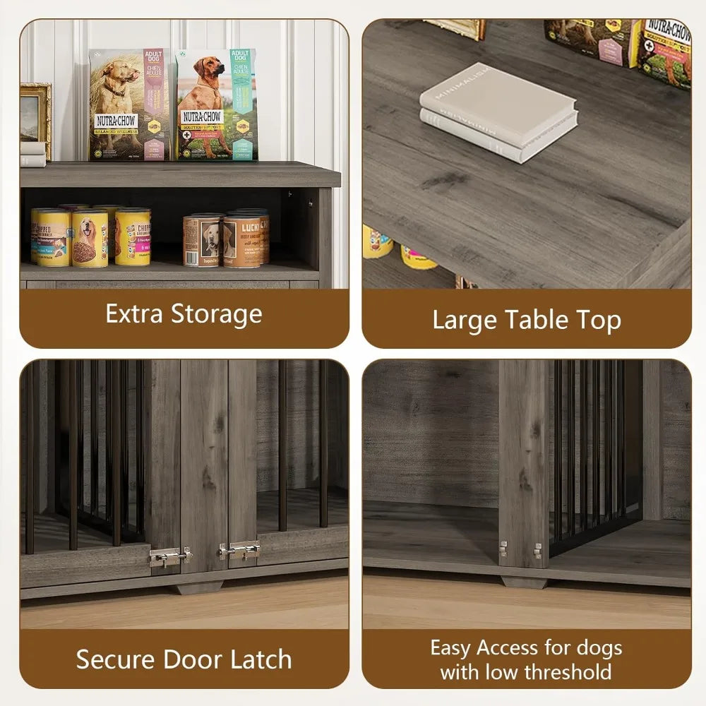 Furniture Dog Crate for 2 Dogs, 41 Inch Dog Kennel Furniture with Removable Divider and Shelf Storage, Wooden Dog Crate for Smal