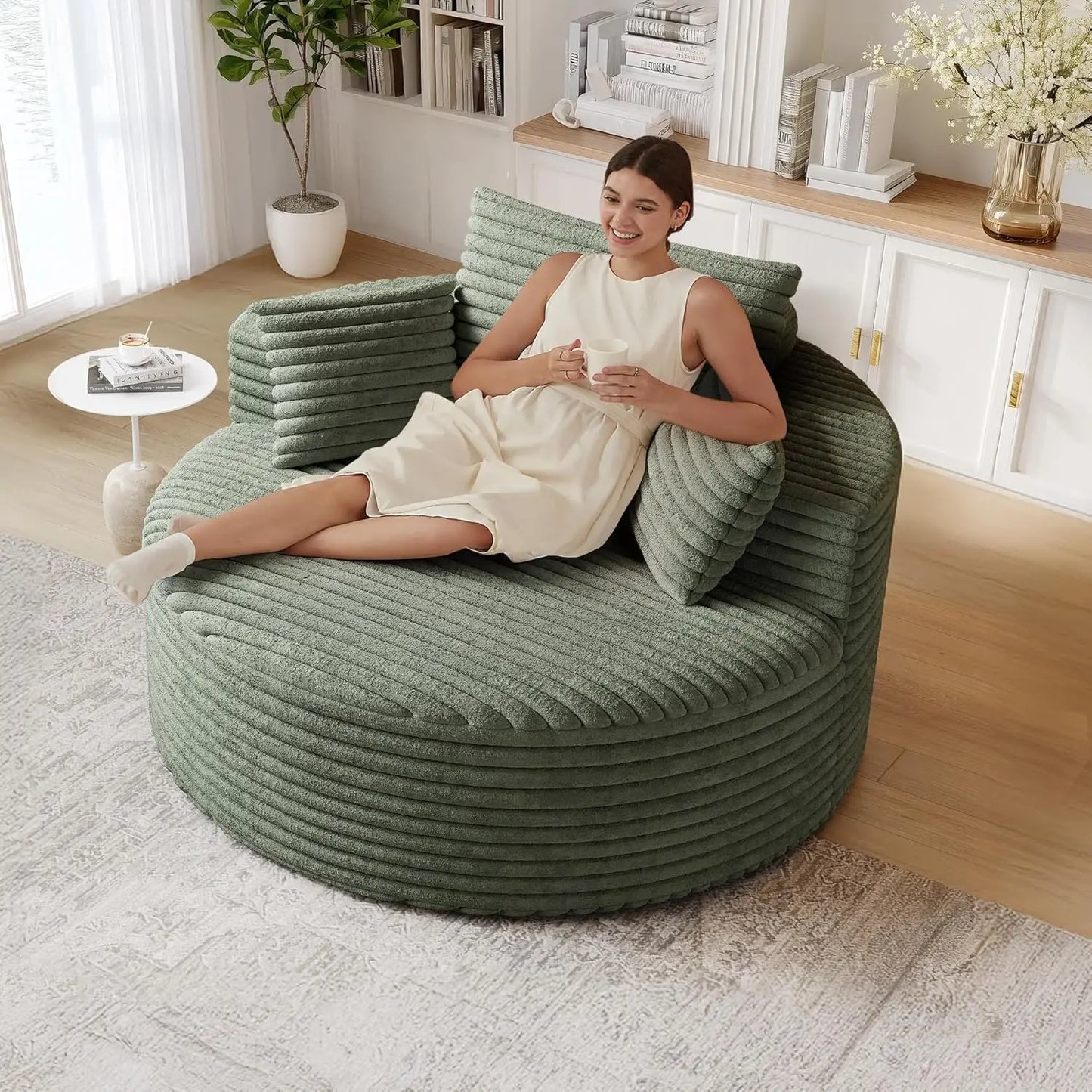 50" Oversized Round Chair Lounge Chaise Indoor, Upholstered Corduroy Sofa with Deep Seat, Single Circle Sofa Chair for Living