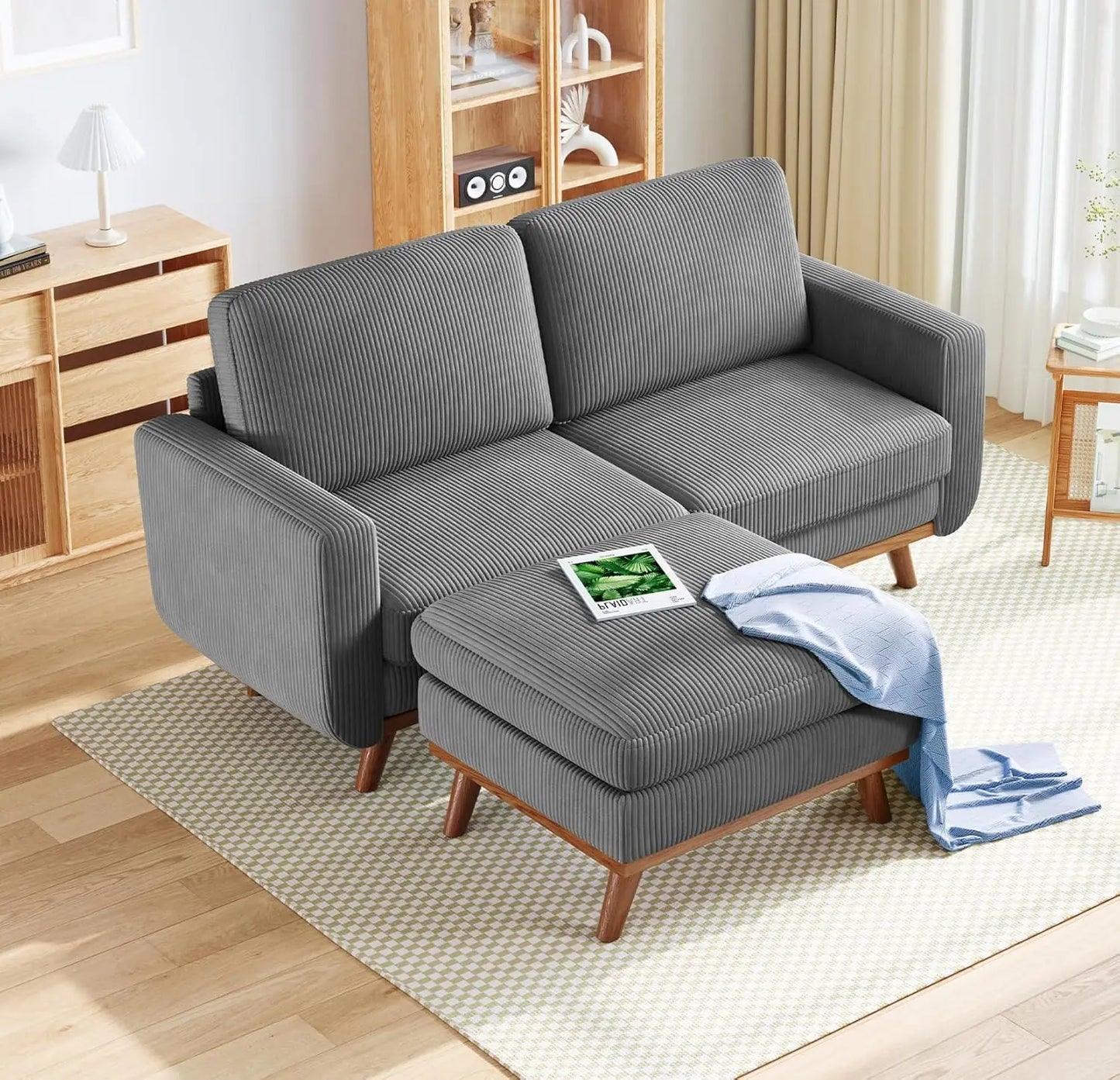 Comfy Corduroy with Spring Cushion, Solid Wood Frame, Modern Deep Seat, Bedroom & Living Room, Office Couch