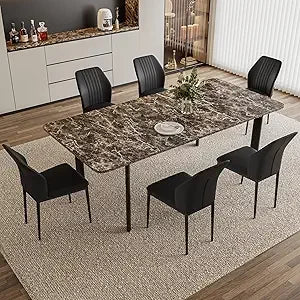 Extendable Dining Table Set for 6-8 People, 63 to 78.7 Inch MDF Kitchen Table with 6 Upholstered Chairs, Space-Saving for Dining