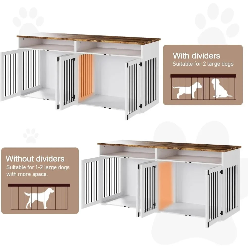 72 Inch Dog Crate Furniture for 2 Dogs Wooden Dog Crate with Storage Compartments Indoor Kennel with 4 Doors