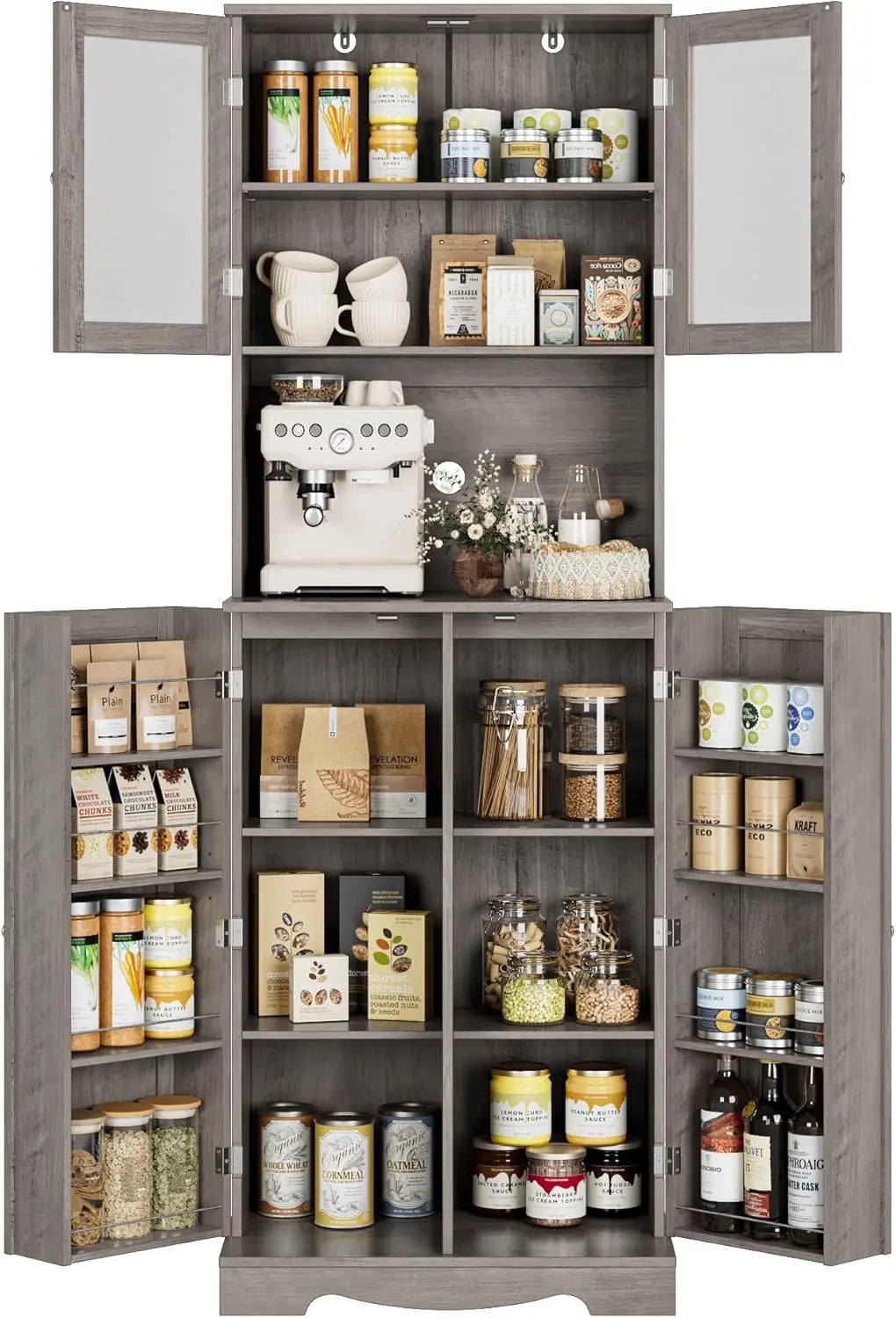 71'' Pantry Cabinet, Tall Storage Cabinet with Microwave Stand, Freestanding Kitchen Hutch with Doors and Adjustable She