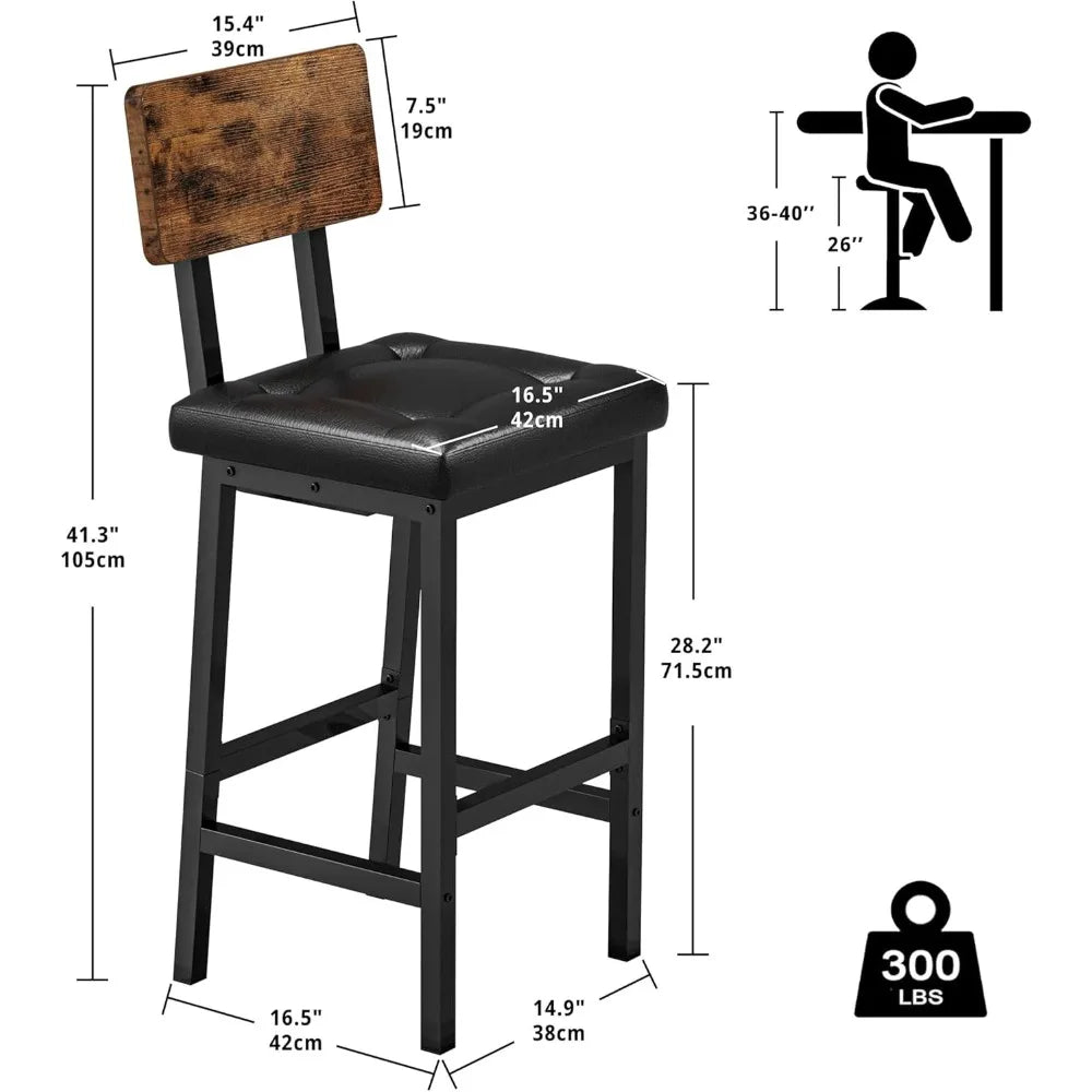 Bar Stools Set of 2, 16.5in Square PU Upholstered Barstools with Back and Footrest, Thick Cushion Stools for Kitchen Island