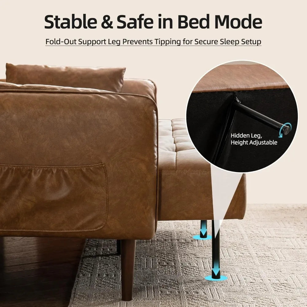 85” Futon Sofa Bed, Sleeper Sofa, Small Couch with Storage Adjustable Armrests Pillows, Faux Leather Loveseat, Mid Century