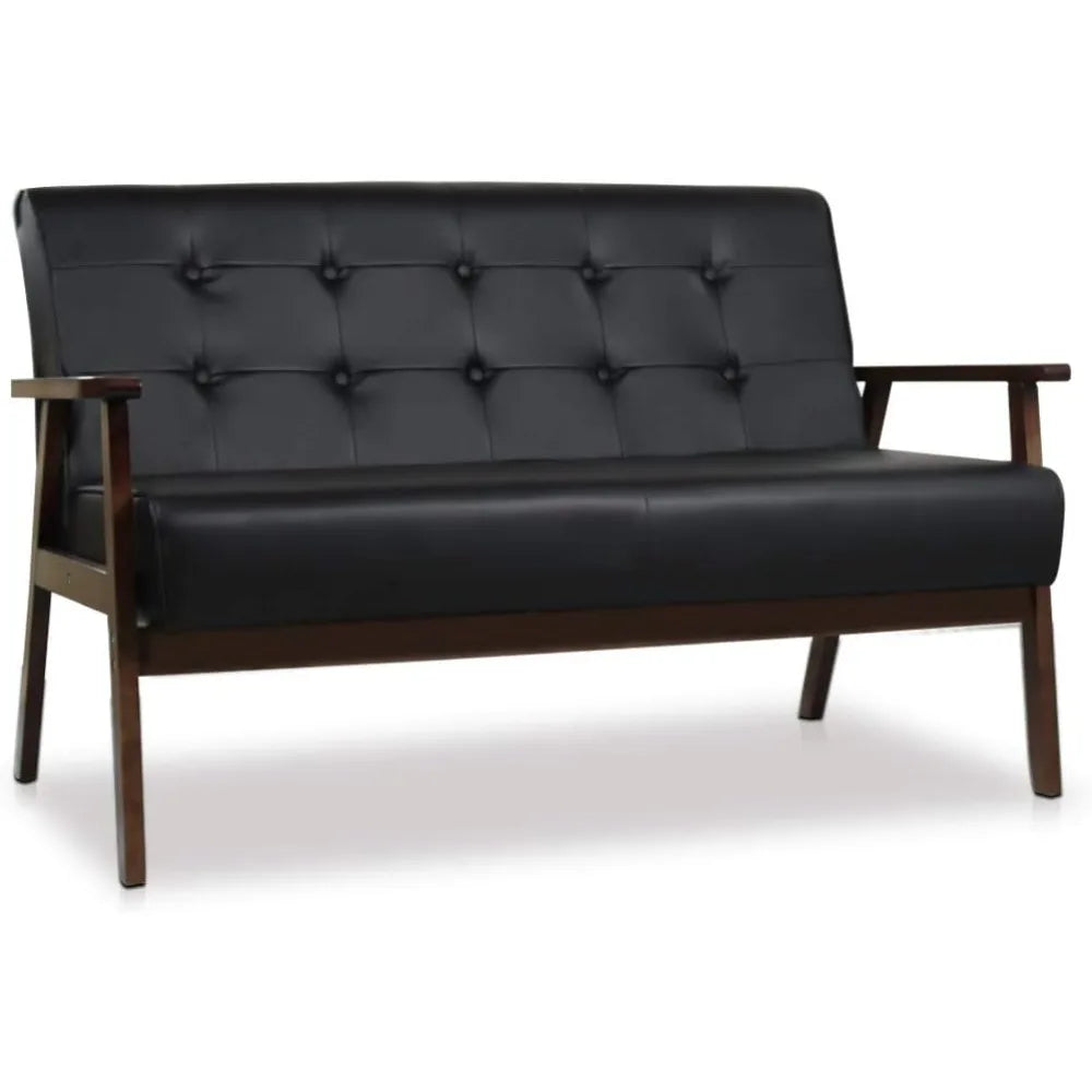Mid-Century Modern Solid Loveseat Sofa Upholstered Faux Leather Couch 2-Seat Wood Armchair Living Room/Outdoor Lounge
