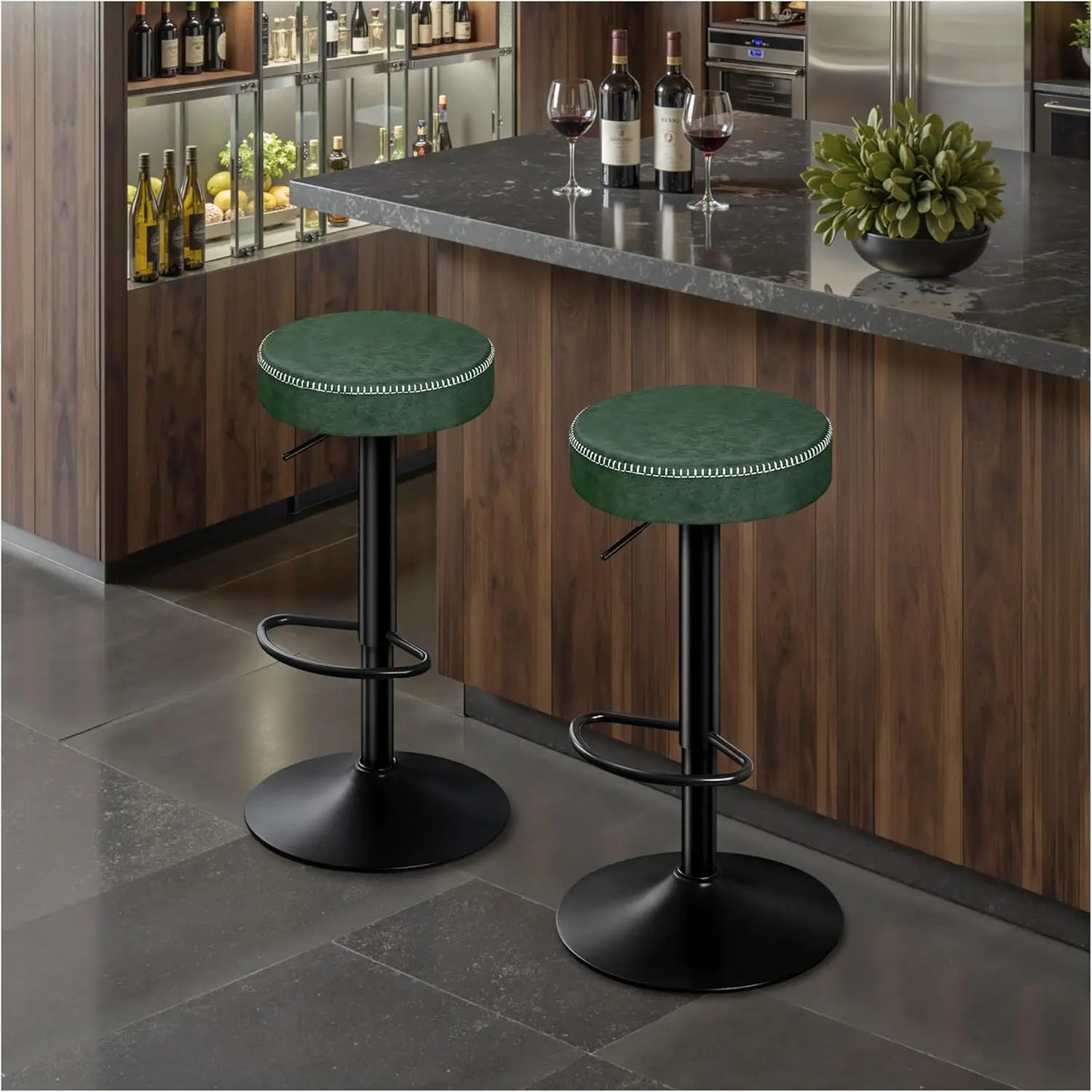 Adjustable Bar Stools Set of 2 Backless Kitchen Barstools with Round Seat 360°Swivel Counter Height Bar Stools Modern Microfiber