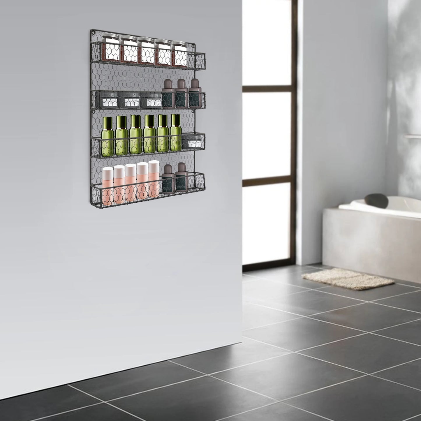 4-Tier Iron Wall Mounted Spice Rack,Black Rectangle Kitchen Spice Rack 43*6*53cm for Store Spice Jars