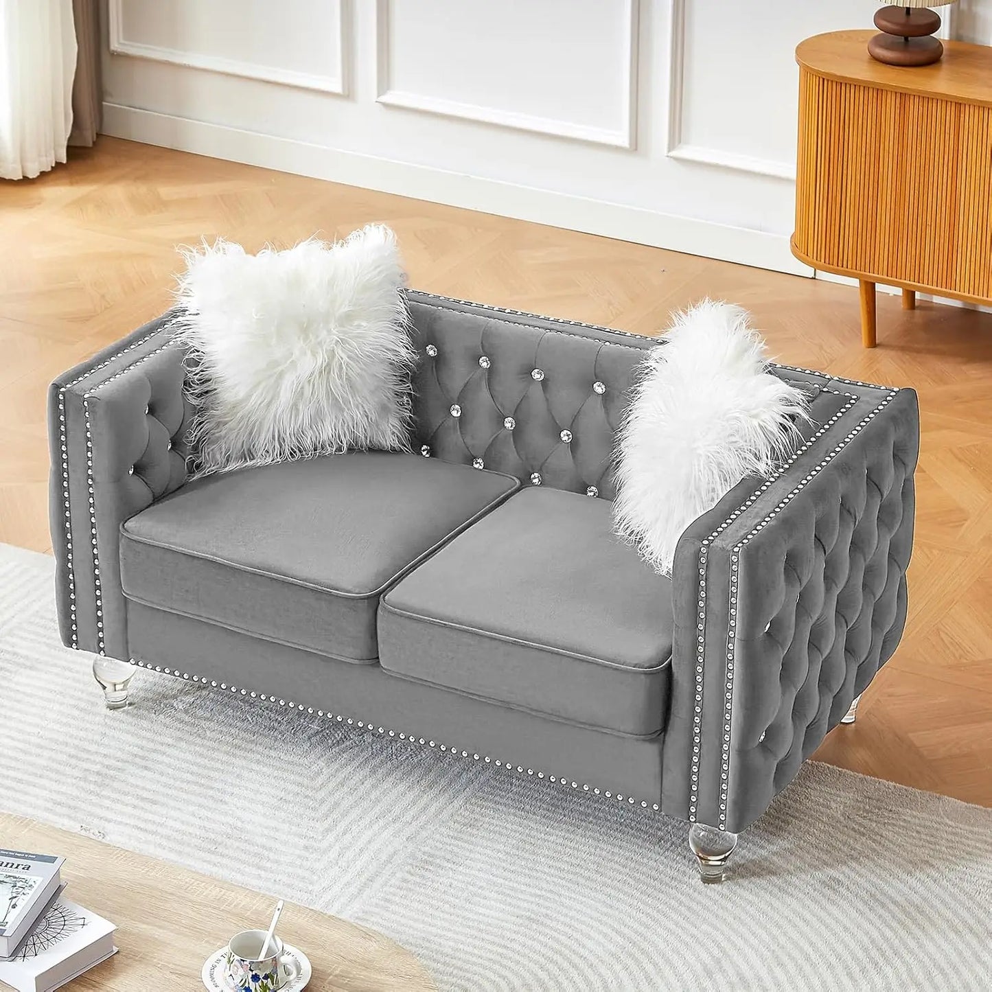 83" Chesterfield Sofa, Velvet Mid-Century Modern Upholstered Couch with 2 Throw Pillows and Acrylic Legs, Nailhead Button Tufted