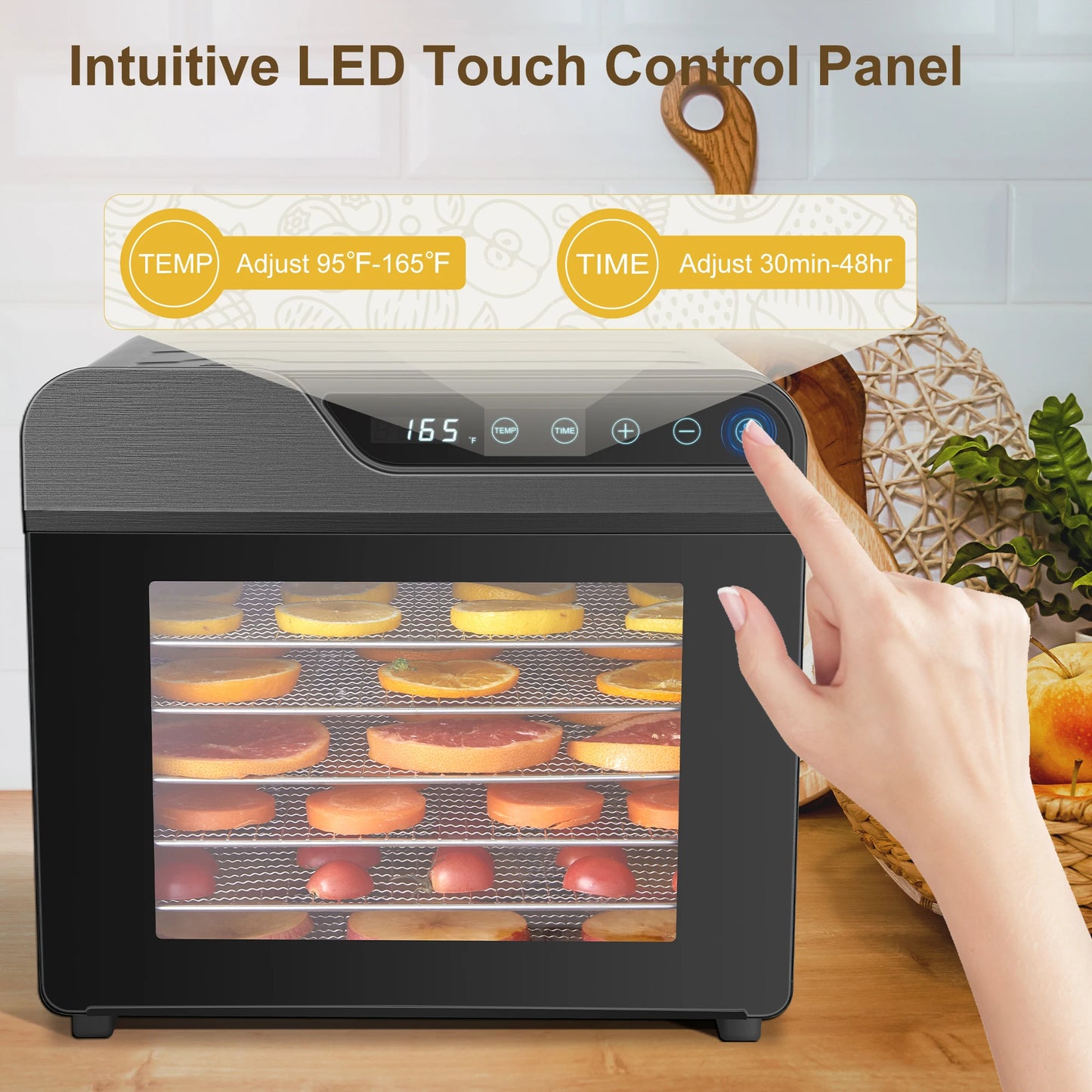 8-Tray Stainless Steel 625W, 165°F for Jerky/Fruit/Dog Treats, 50 Recipes, ≤48dB, Auto Shutoff, Dishwasher Safe Food Dehydrator