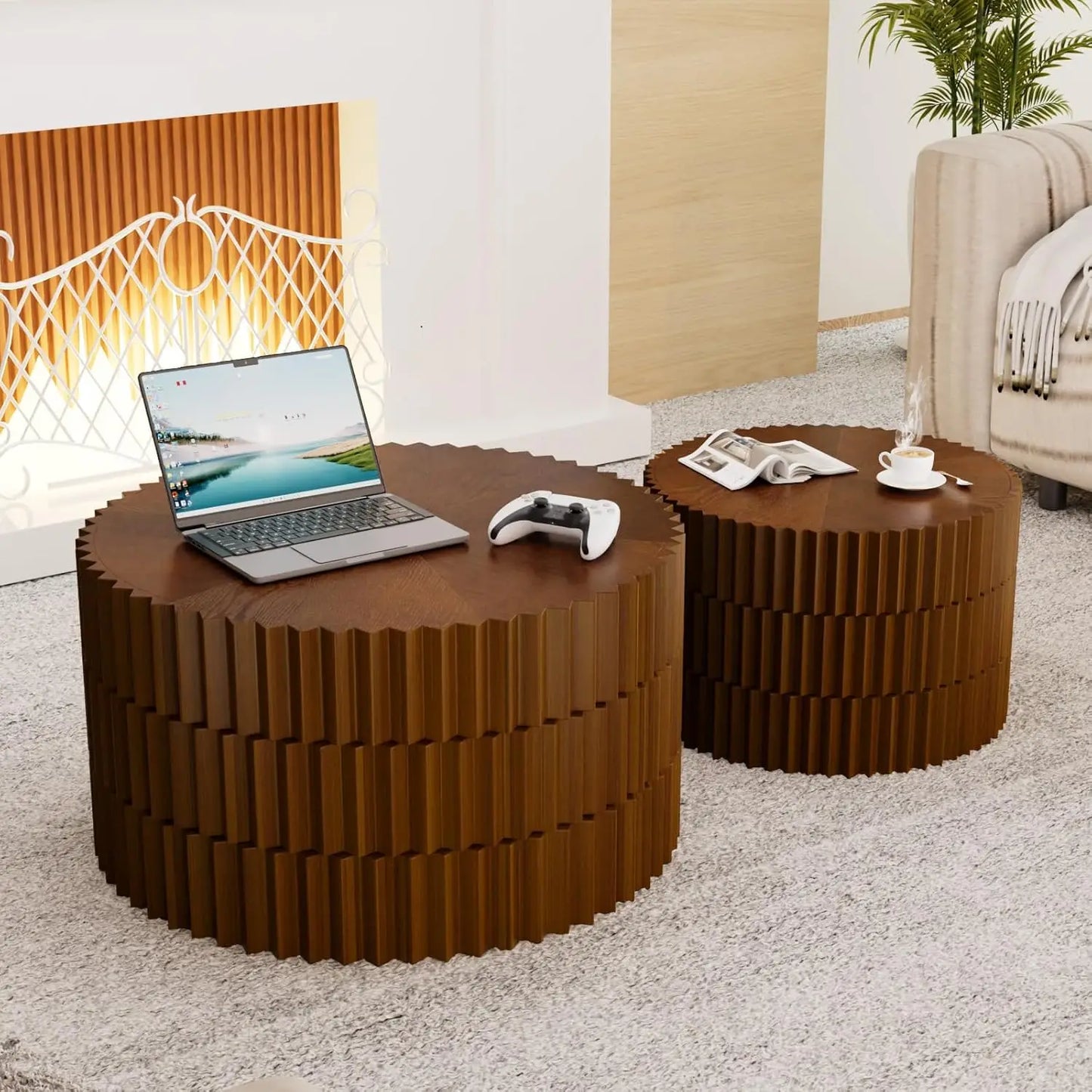 Handcraft Round Nesting Coffee Table - Chic Wave Stripe Edge, Modern Stylish Walnut Wooden Circle Fluted Center Table for Living