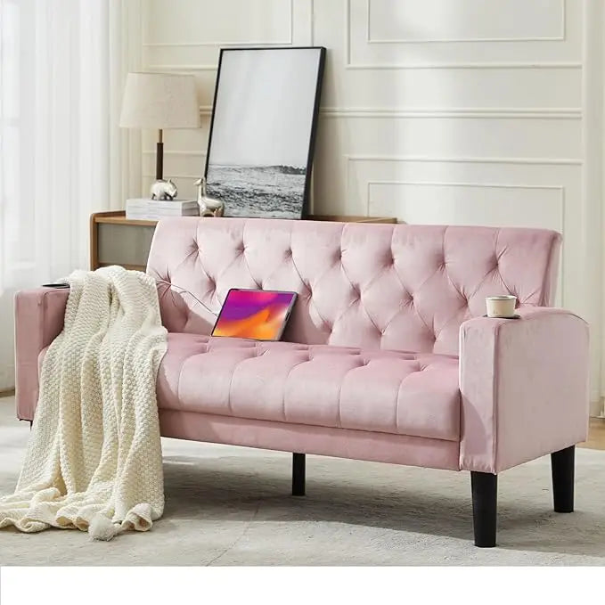 62" W Loveseat Sofa w/ 2 USB Charger Ports and 2 Cupholders, Mid-Century Modern Tufted Pink Velvet Small Love Seat Couches for