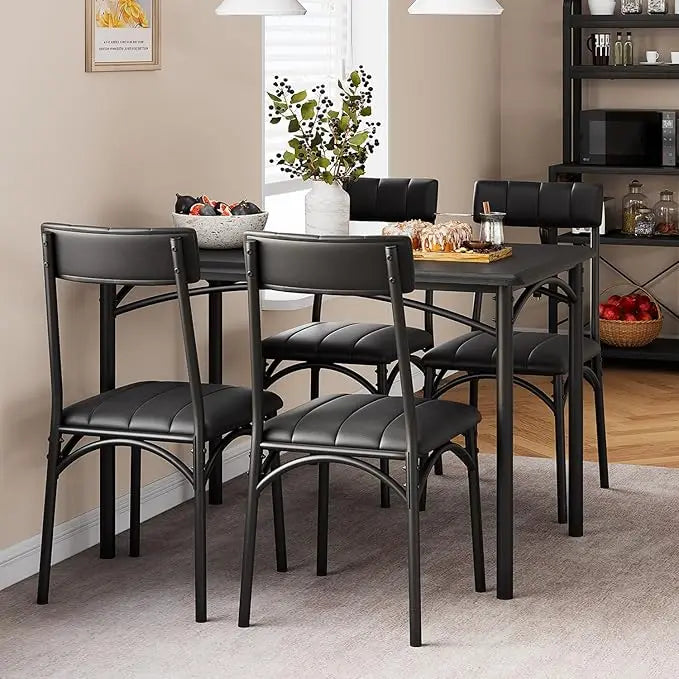 4 Person Dining Table Set with Cushioned Chairs, Kitchen Dining Table Set, Metal and Wood Rectangular Dining Table