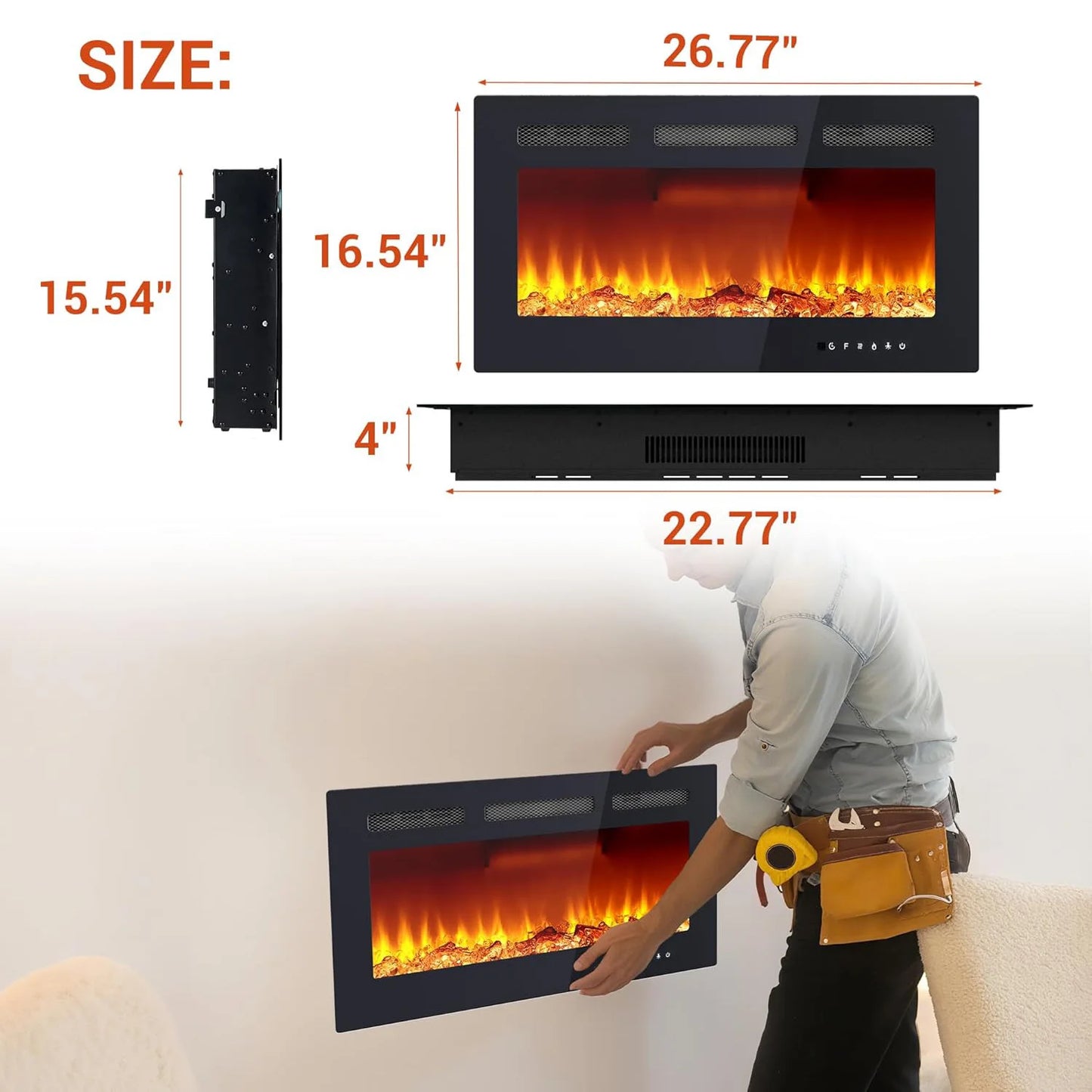 30/40/50/60/72 Inch Electric Fireplace Wall Mounted & Recessed With Remote Control Timer Adjustable Flame Color Brightness