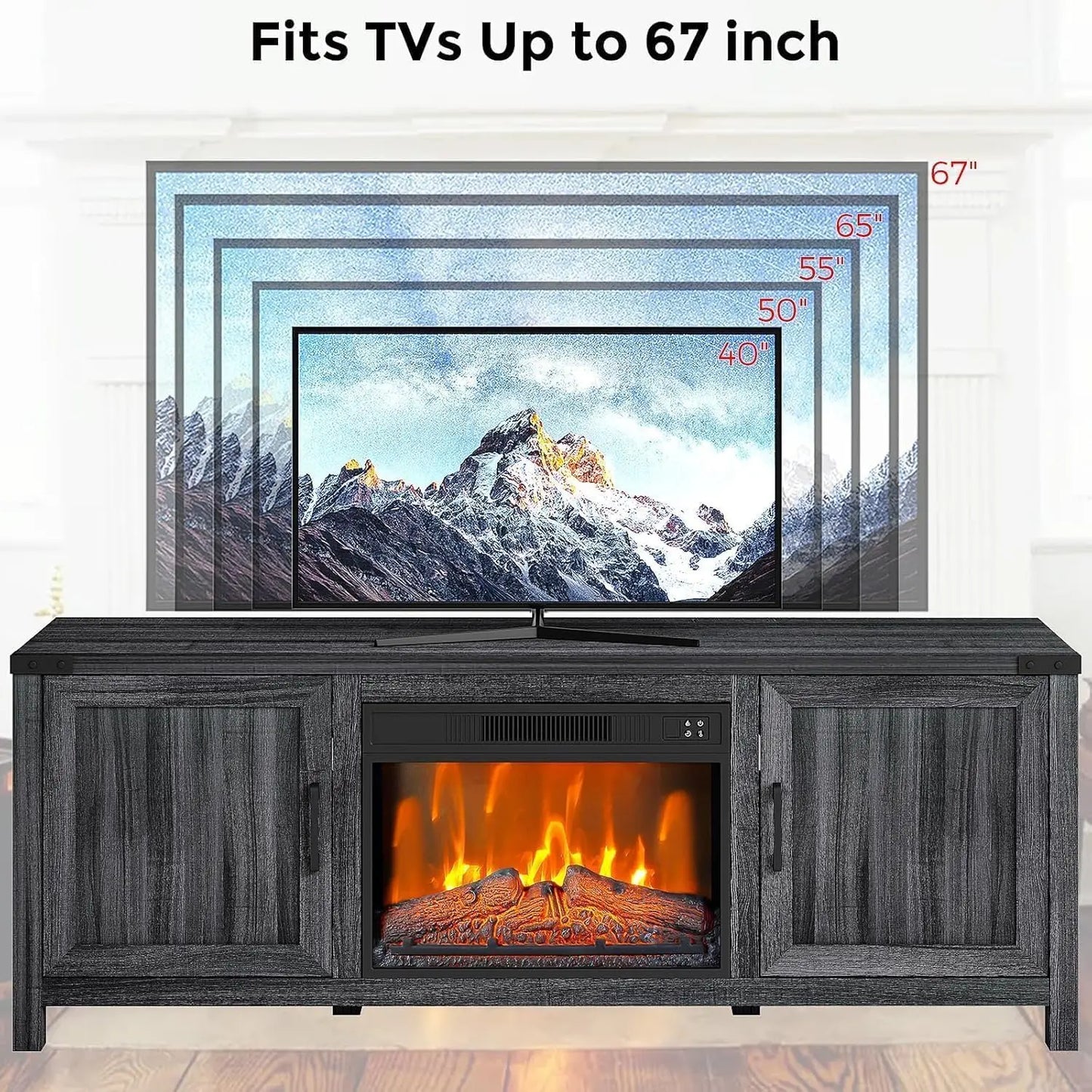 67" TV Stand With 23" Electric Fireplace 3D Flame Remote Control & Storage Cabinets Modern Entertainment Center For Home Decor