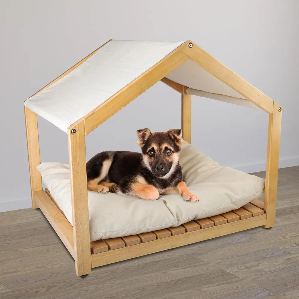 Dog House - 30x24-Inch Indoor Dog House with Soft Cushion and Adjustable Canopy - Wood Dog Furniture for Small to Medium Pets up