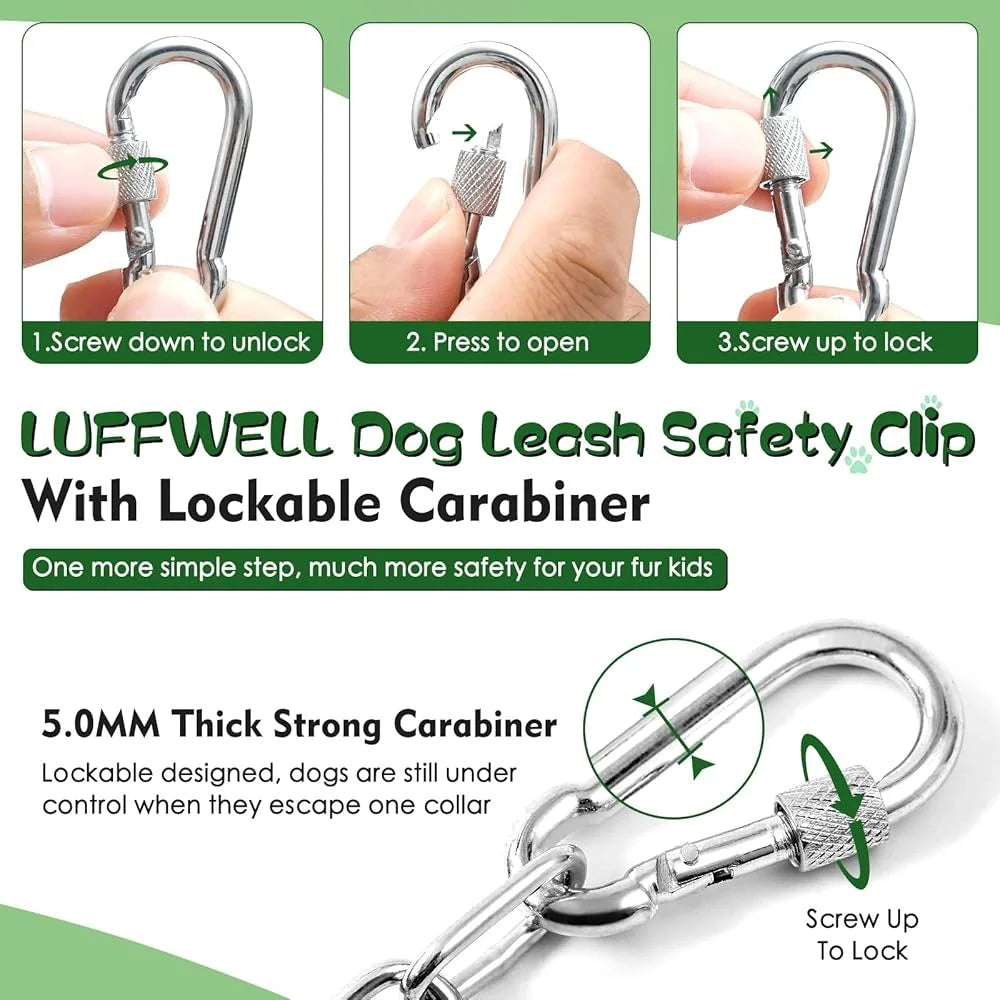 Dog Collar Safety Clip Heavy Duty Metal Backup Connector Chew Proof Double Ended Carabiner Leash Attachment Durable Dog Leash