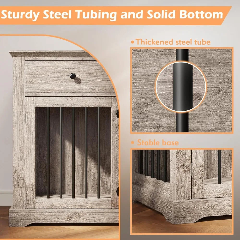 Large Wooden Dog Crate with Storage Drawers, 46 Inch Heavy-Duty Indoor Dog Kennel Furniture