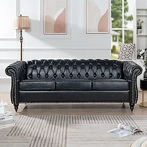 Chesterfield Sofas, 85" PU Couch,Tufted 3 Seats Living Furniture with Rolled Arm Stud Trim and Solid Wood Legs, Mid-Century Sofa