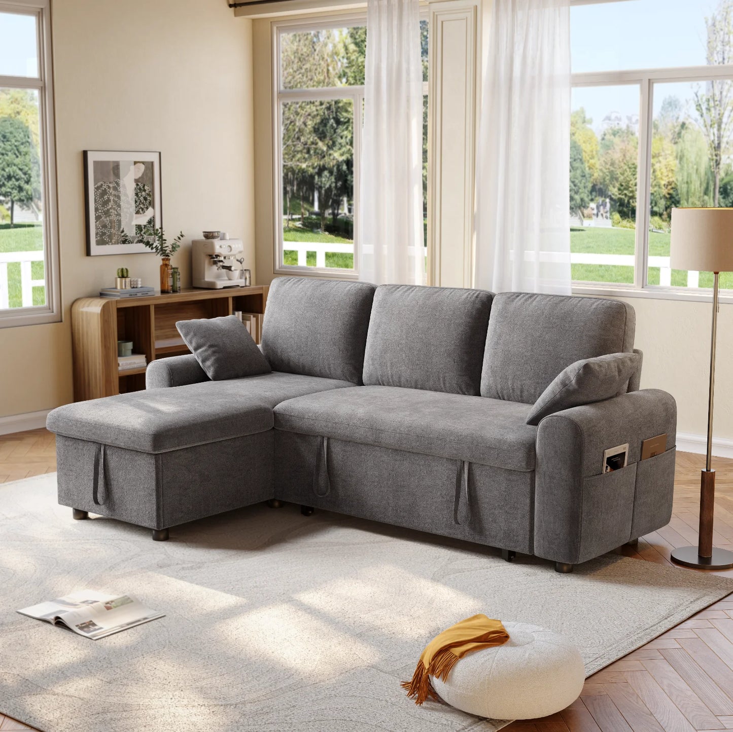 L Shaped Sleeper Sofa, 85" Pull Out Couch Bed with Storage Chaise, 2 in 1 Sectional Sofa Couch with Pullout Bed & 2 Pillows