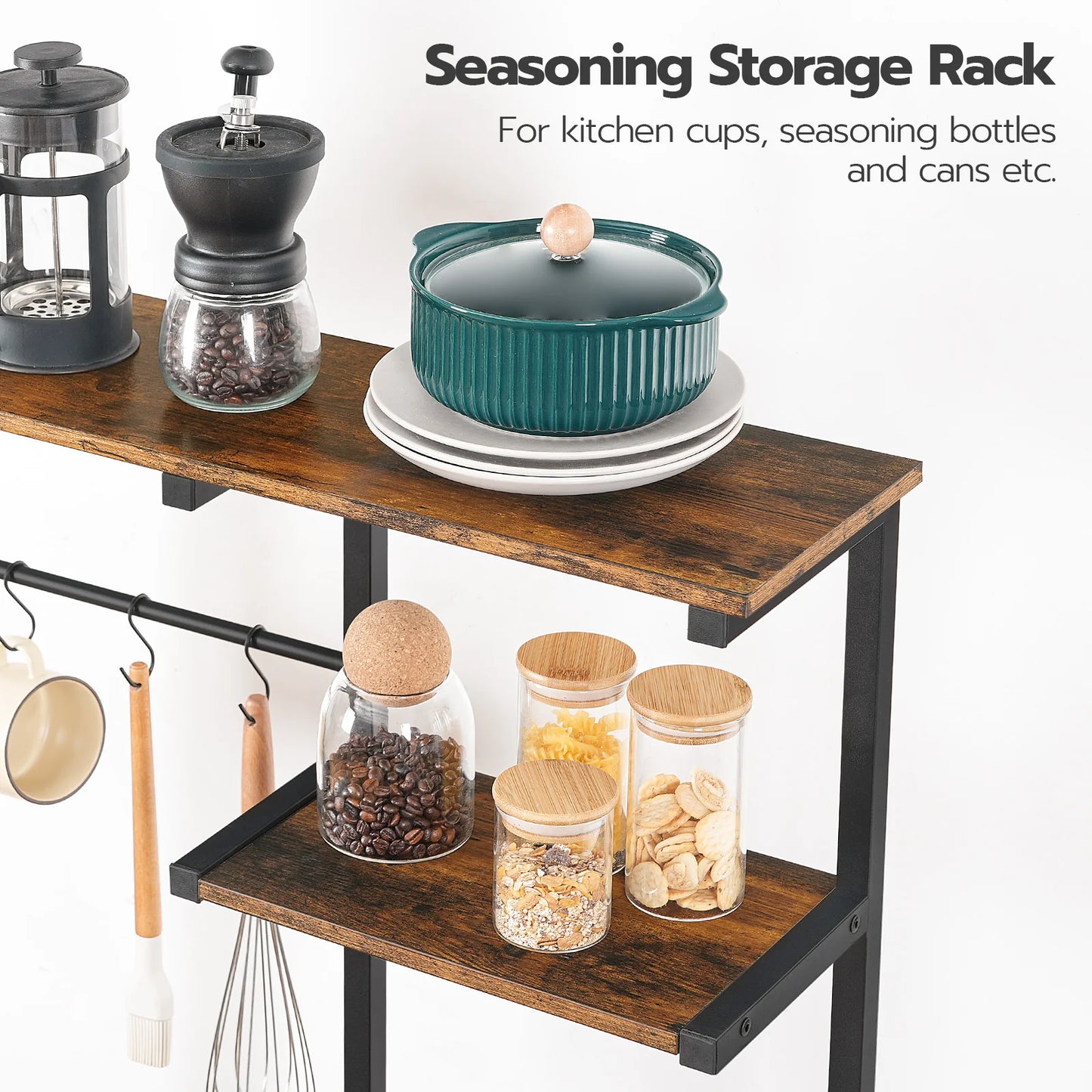 HOOBRO Large Bakers Rack with Power Outlets 6-Tier Microwave Stand with 4 Hooks Coffee Bar Rustic Brown and Black