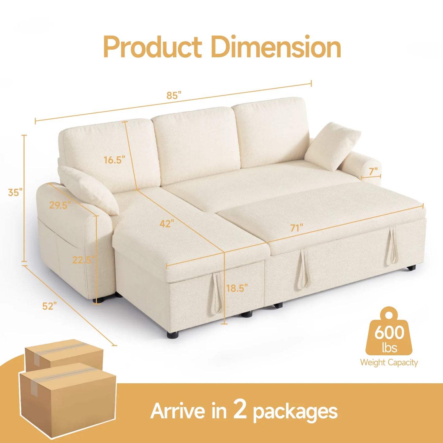 L Shaped Sleeper Sofa, 85" Pull Out Couch Bed with Storage Chaise, 2 in 1 Sectional Sofa Couch with Pullout Bed & 2 Pillows