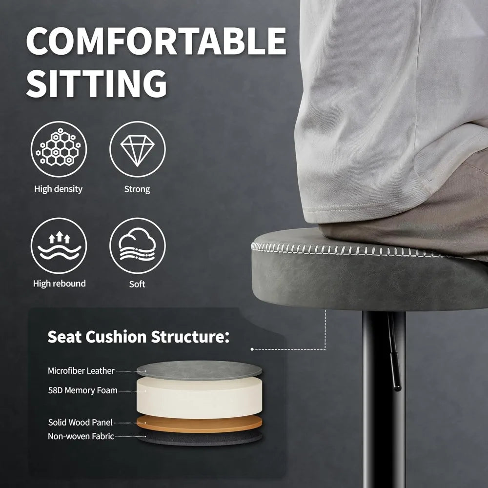 Adjustable Bar Stools Set of 2 Backless Kitchen Barstools with Round Seat 360°Swivel Counter Height Bar Stools Modern Microfiber