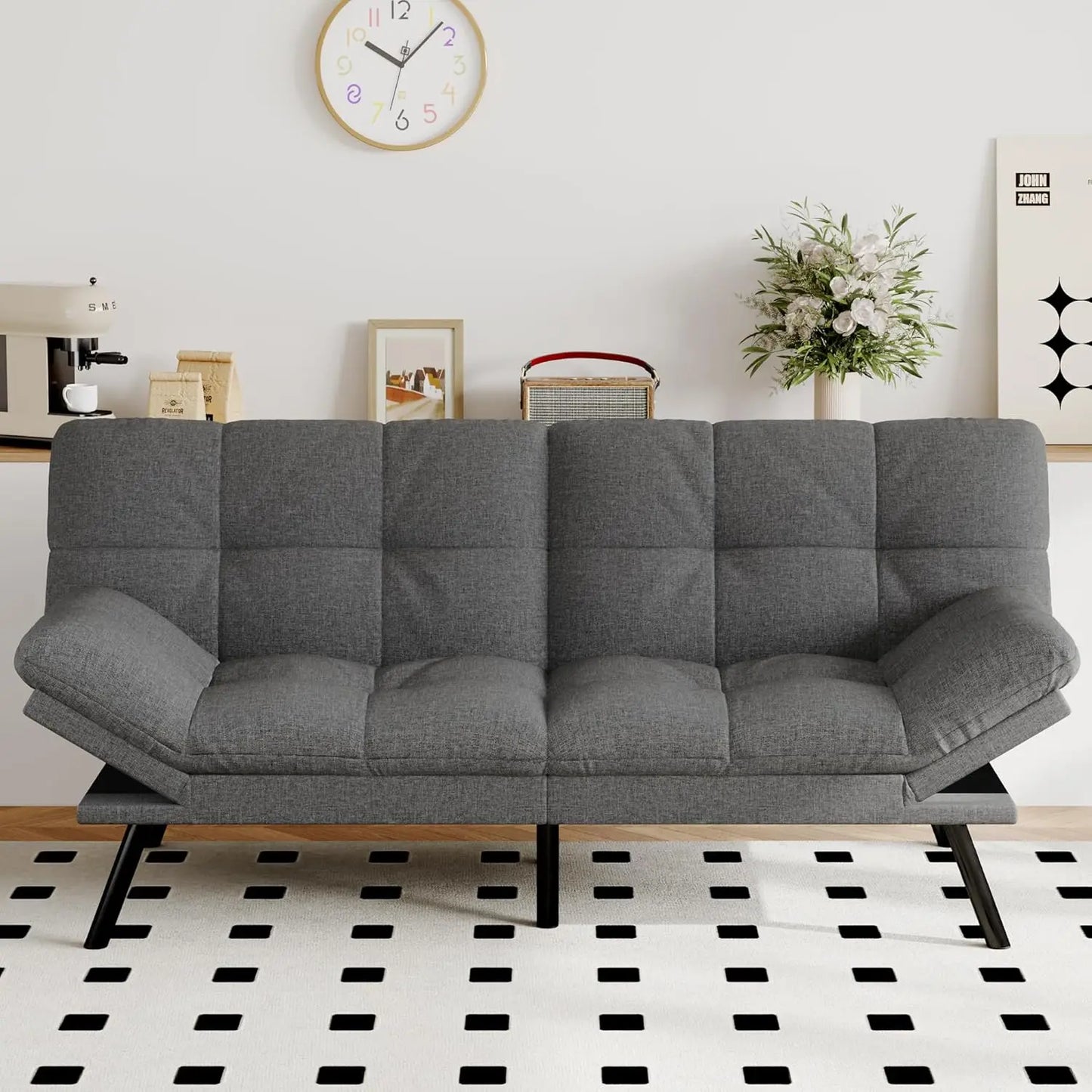 Futon Sofa Bed Convertible Couch, Brown Faux Leather Sofa Bed with Memory Foam, Adjustable Backrest & Armrests, Multifunctional