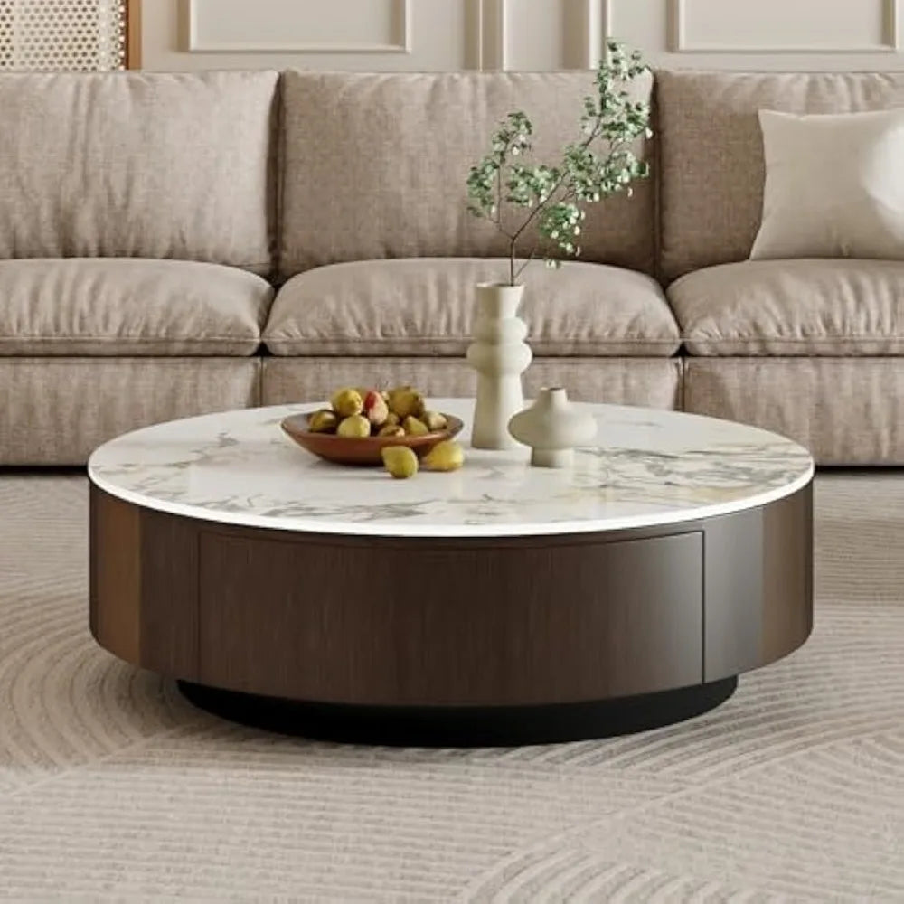35.43" Modern Coffee Table for Living Room, Round Coffee Table with Storage Drawer, Sintered Stone Top with Metal Base