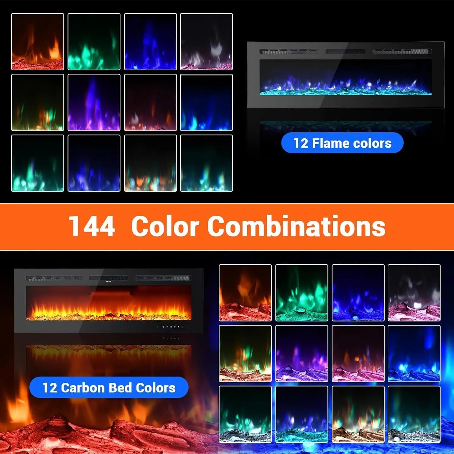 30/40/50/60/72 Inch Electric Fireplace Wall Mounted & Recessed With Remote Control Timer Adjustable Flame Color Brightness