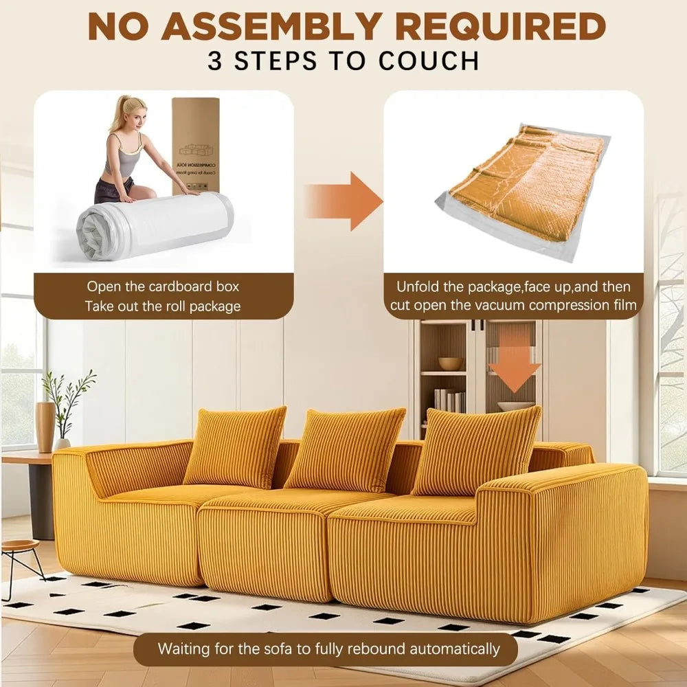 111.5" Cloud Couch, Modular Boneless Sectional Sofa for Living Room & Bedroom, Deep Seat 3-Seater Corduroy Modular Sofa Couch