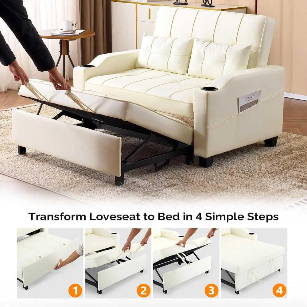 Beige Loveseat Sleeper Sofa, Convertible Futon Sofa Bed Faux Leather Pullout Couch Bed with USB Ports, Cup Holders, Armre