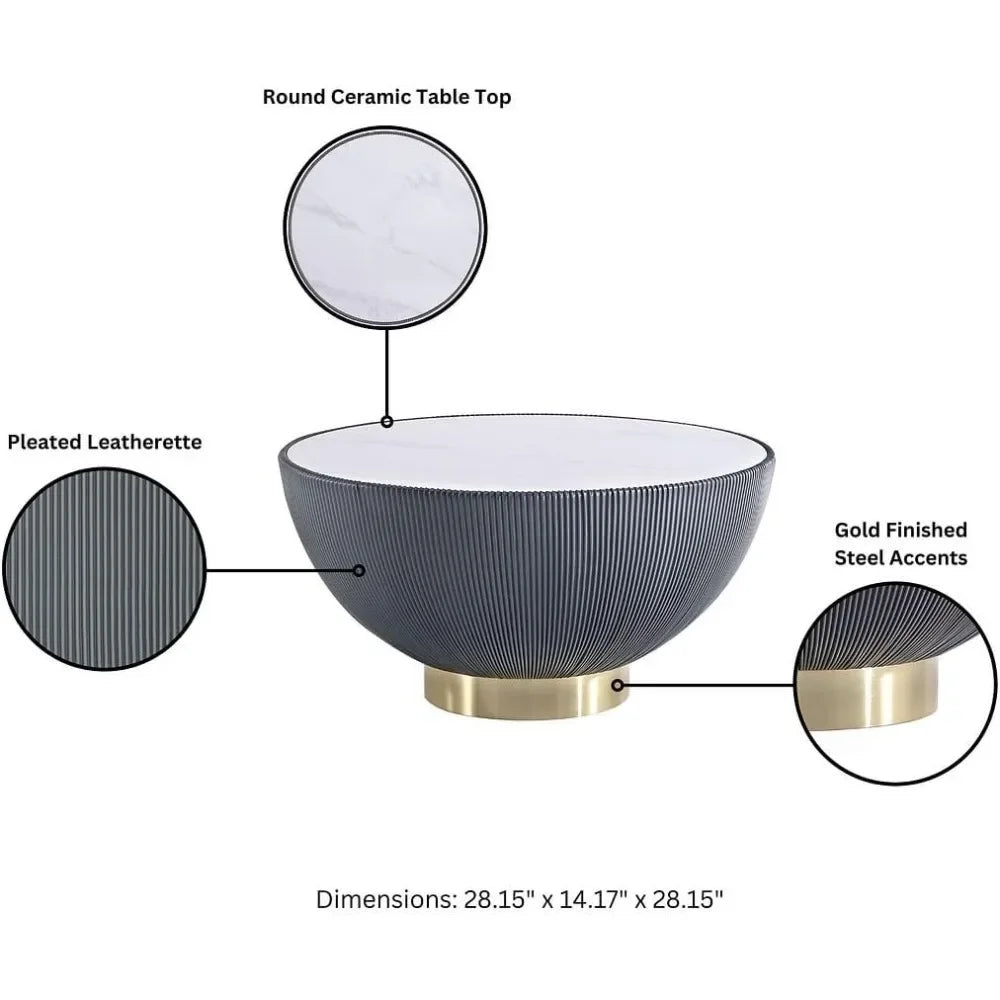 Anderson Modern 28.15" Round Coffee Table 2.0 - Ceramic Marble Tabletop, Elegant Pleated Leatherette Details