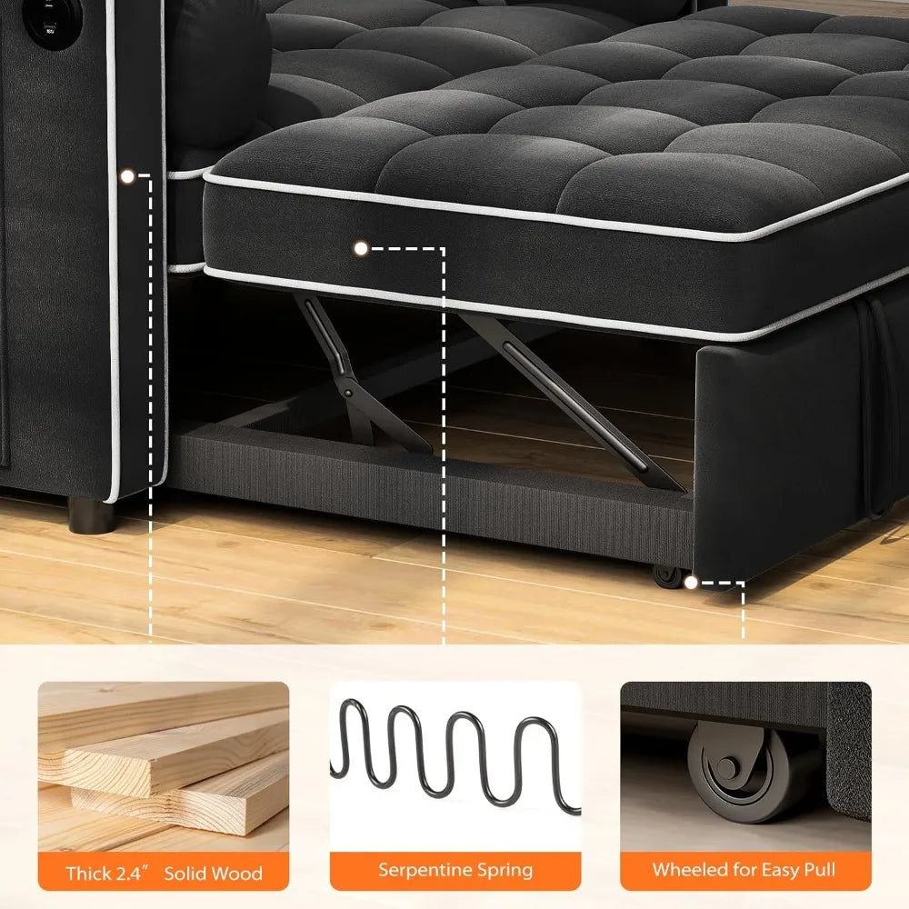 3 in 1 Convertible Sleeper Sofa Bed,Pull Out Couch for Living Room with USB Ports & Side Pockets,Adjustable Backrest,Velvet,Lov
