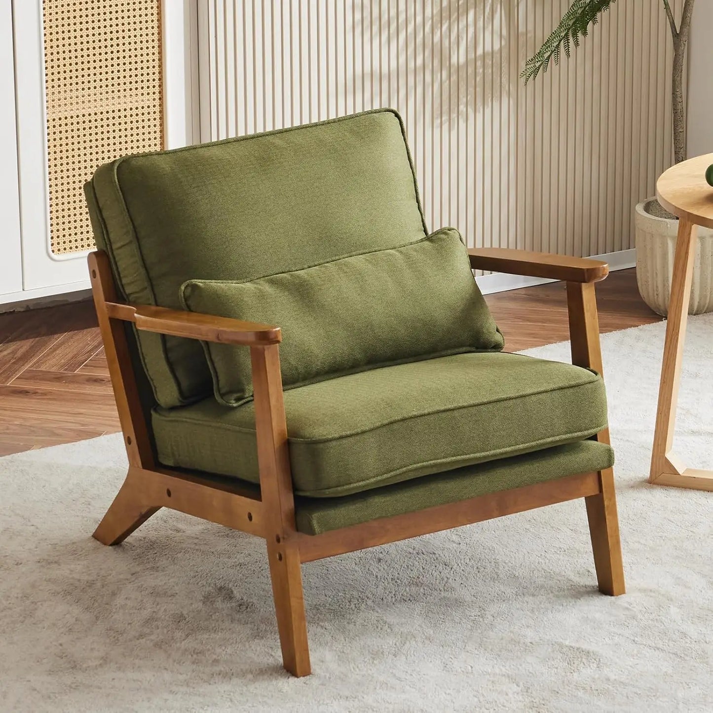 Accent Chair Wide Armrest Mid-Century Lounge Chair Teddy Fleece Armchair with Lumbar Pillow & Solid Wood Frame for Liv