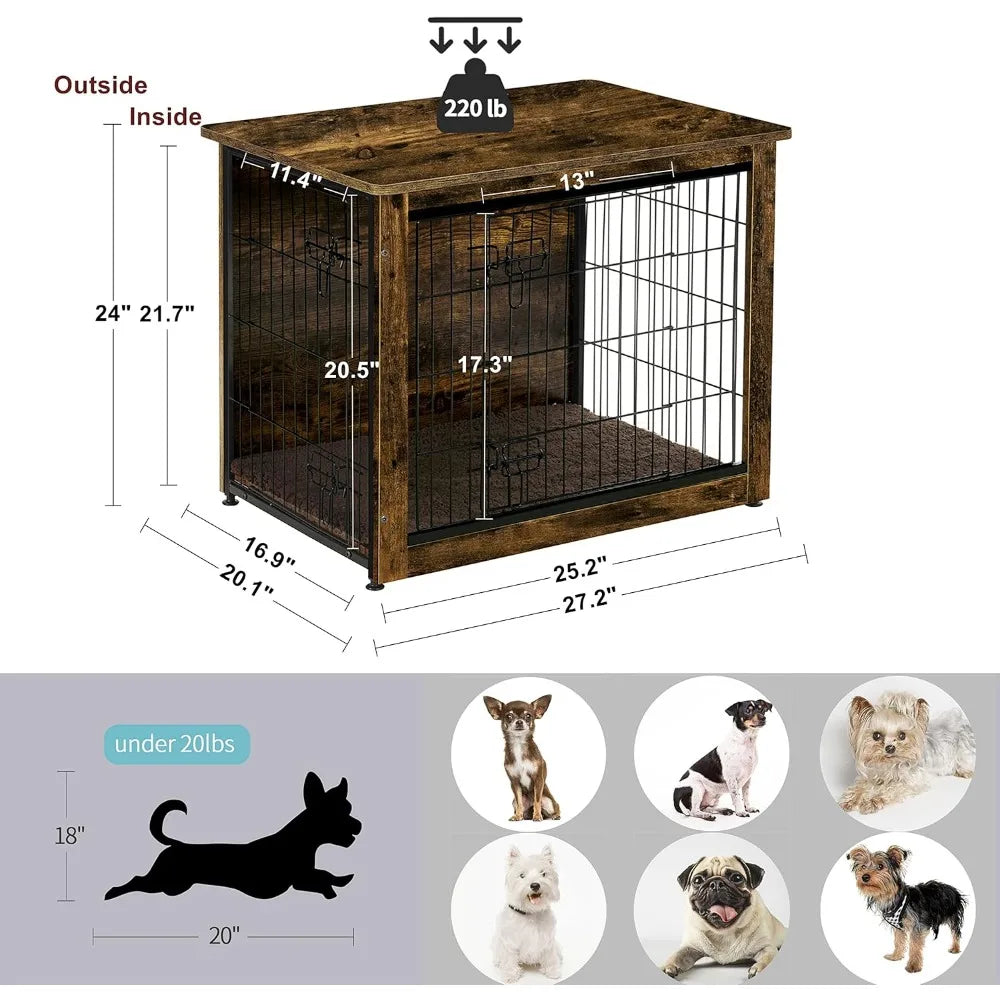 DWANTON Dog Crate Furniture with Cushion, Wooden Kennel Table with Double Doors, Indoor Dog House, Small/Medium/Large/Extra Larg