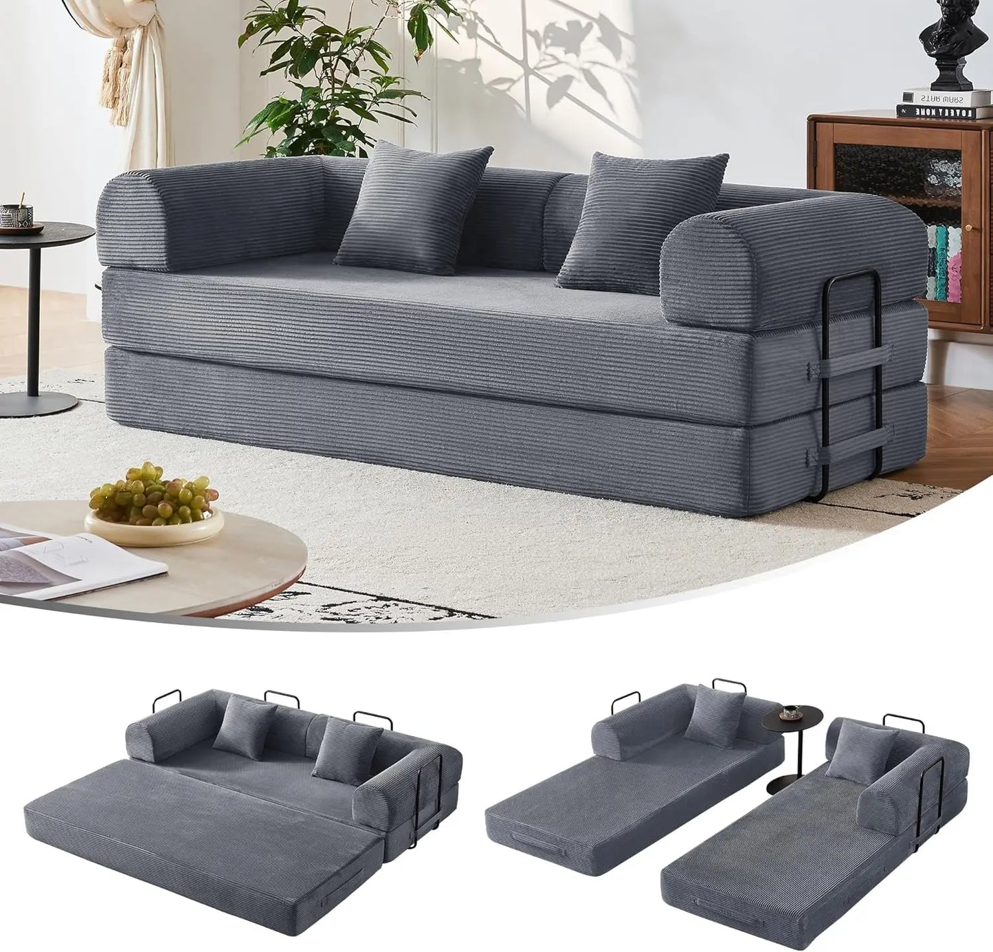 79" Compression Sofa, Convertible Sleeper Sofa Bed, Couch Bed with Fixed-Shape Frame, Corduroy Floor Sofa, Couches for Living Ro